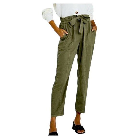 Anthropologie Social Standard  Women's Ankle Pants w/Tie Front Army Green Large - Picture 1 of 6